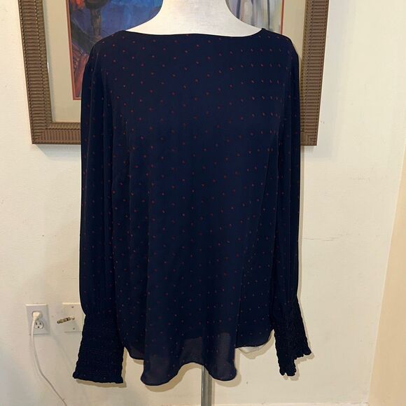 Ann Taylor Navy Blue Polka Dot Pattern Top Size Large - Picture 4 of 11
